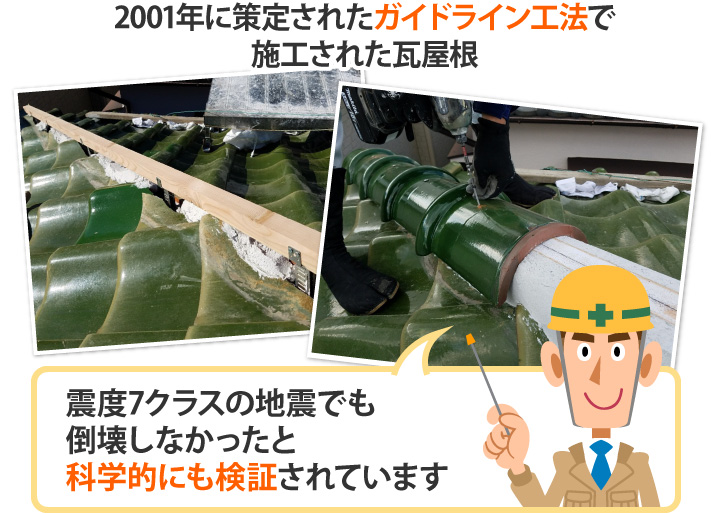 2001年に策定されたガイドライン工法で施工された瓦屋根は震度7クラスの地震でも倒壊しなかったと科学的にも検証されています