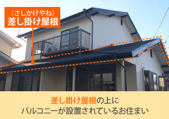 差し掛け屋根の上にバルコニーが設置されているお住まい