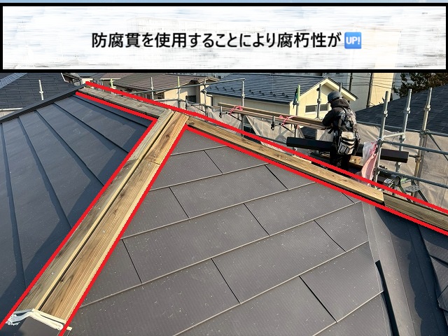 仙台市若林区　棟包み板金用の木下地に防腐貫を使用した様子