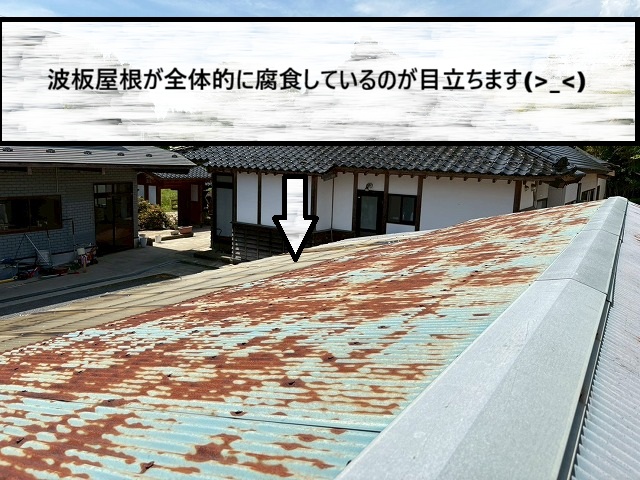 大崎市　波板屋根が全体的に腐食している様子
