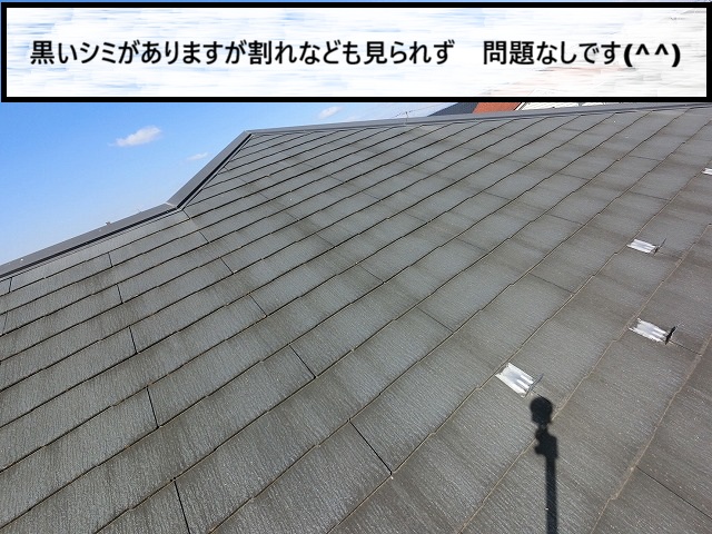 名取市　スレート屋根全体に黒いシミがあるものの割れている様子は見当たらなかった