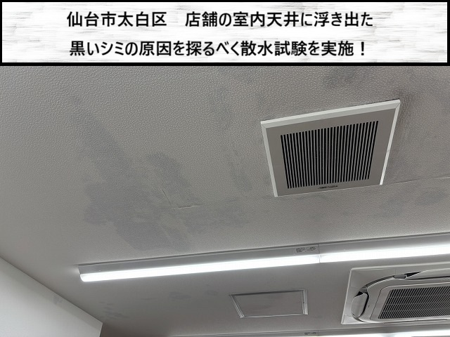 仙台市太白区　店舗の室内天井に浮き出た黒いシミの原因は雨漏り？　散水試験を実施！