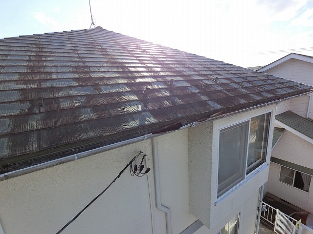 仙台市泉区　スレート屋根にカビが発生している様子