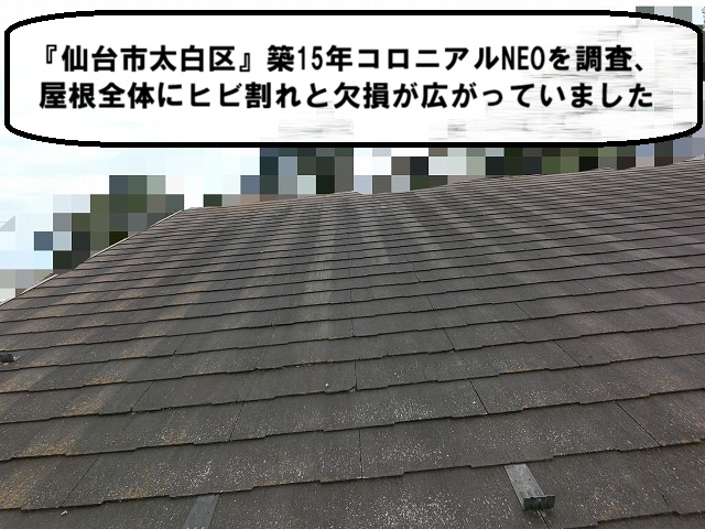 仙台市太白区 築15年コロニアルNEOを調査 屋根全体にヒビ割れと欠損が広がっていました
