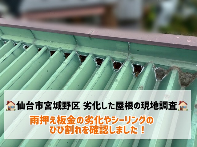 【仙台市宮城野区】雨押え板金の劣化やシーリングのひび割れを確認！現地調査の様子をご紹介！