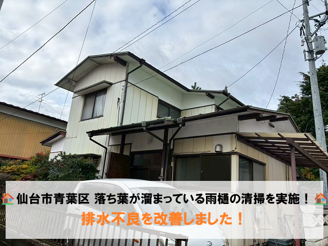 仙台市青葉区 落ち葉が溜まっている雨樋の清掃を実施！排水不良を改善しました！