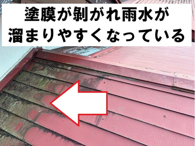 塗膜が剝がれ雨水が溜まりやすくなっている