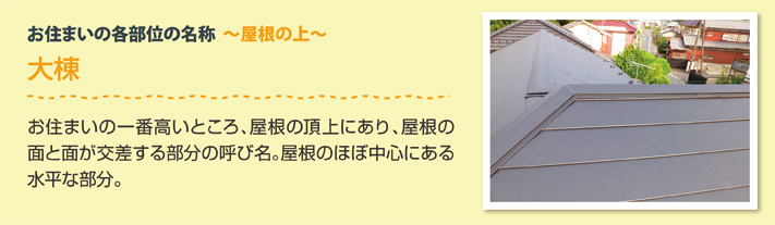 寄棟屋根の各部位　大棟：屋根の頂上にあり、屋根の面が交差する部分