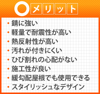 錆に強く、軽量で耐震性・熱反射性が高く、汚れが付きにくいガルバリウム鋼板。ひび割れの心配がなく、緩勾配屋根でも使用できて施工性が良いのはもちろん、スタイリッシュなデザインもメリットです