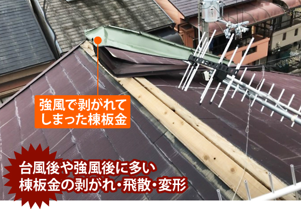 強風で剥がれてしまった棟板金。台風後や強風後に多い棟板金の剥がれ・飛散・変形