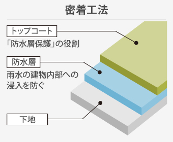 密着工法は下地の上に雨水の建物内部への浸入を防ぐ防水層、「防水層保護」の役割であるトップコートによって施工します